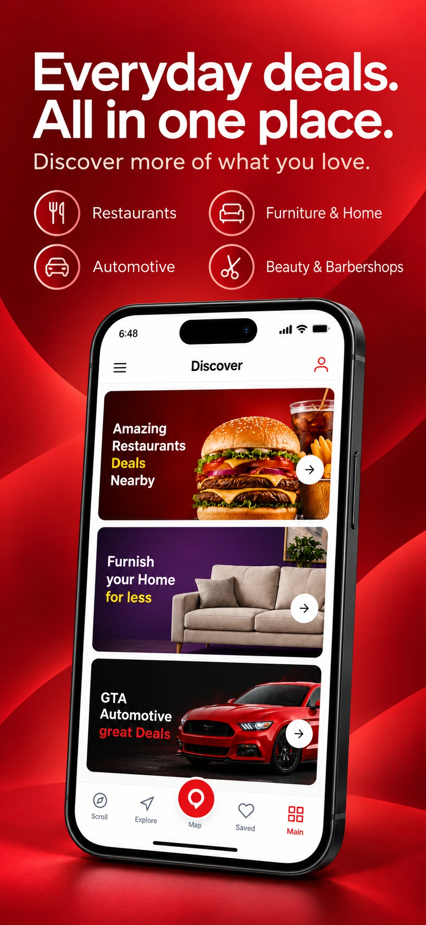 Discover screen with category deals